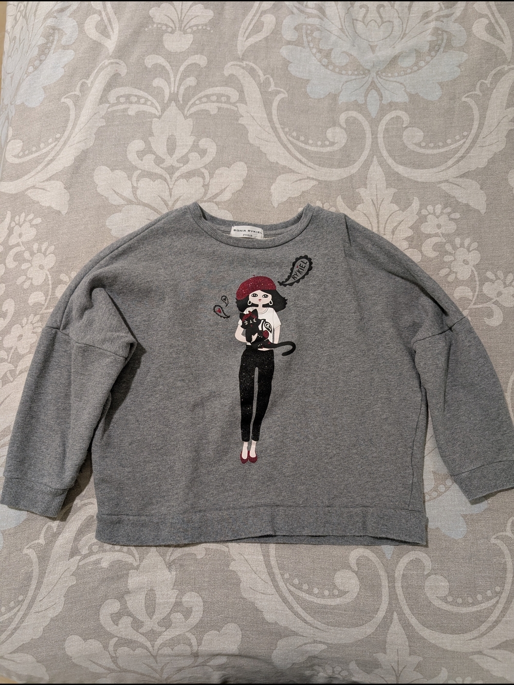 Sonia Rykiel Grey Sweatshirt with Girl-and-Cat Graphic Size 8